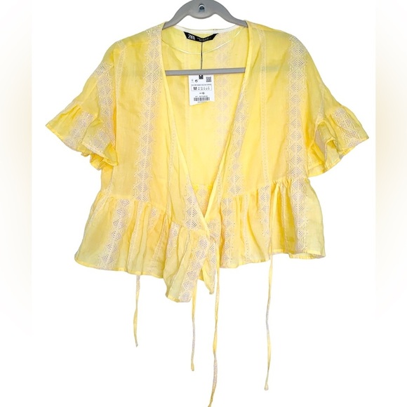 Zara Ruffled Sleeve Embroidered Peasant Wrap Top Yellow Size Medium - Picture 5 of 13